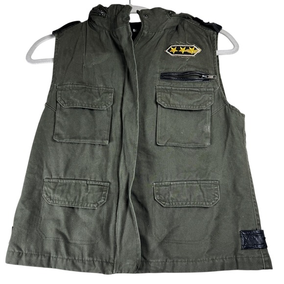 BDG Olive Green Hooded Vest Military Utility Style S Distressed Details - Picture 1 of 9